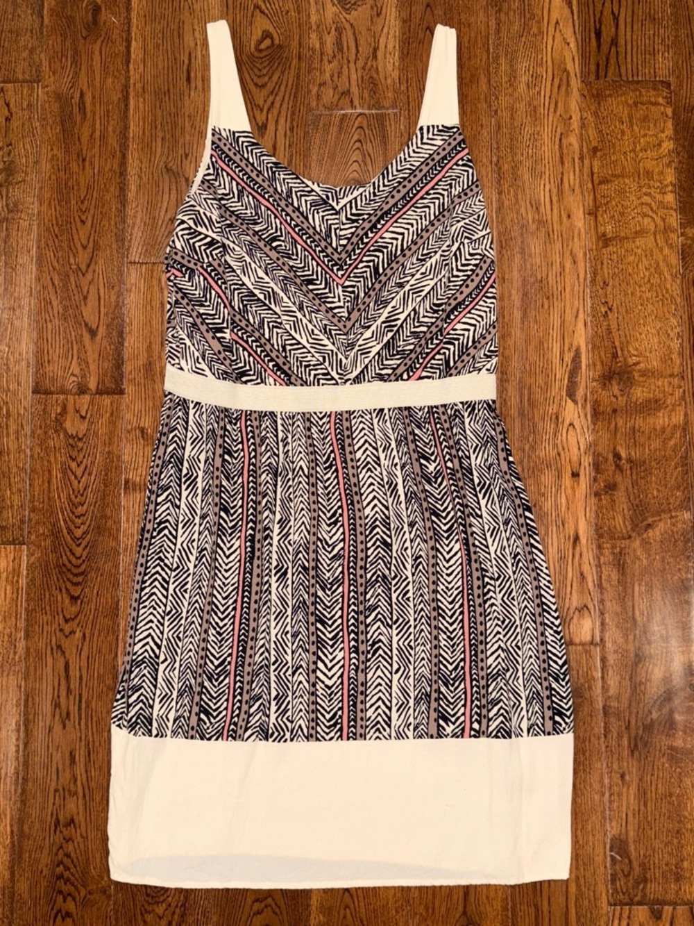 LOFT Cream Dress with Black & Pink Geometric Stripes
